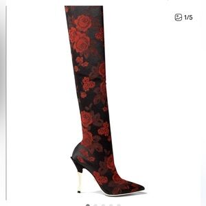 Dolce & Gabbana Black and Red Floral Over the Knee Boots